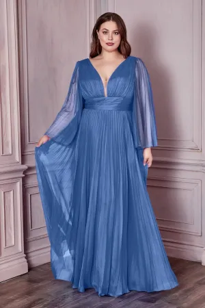 Plus Size Chiffon Prom Dress w/ Long Sleeve, V-neck, A-line & Pleats