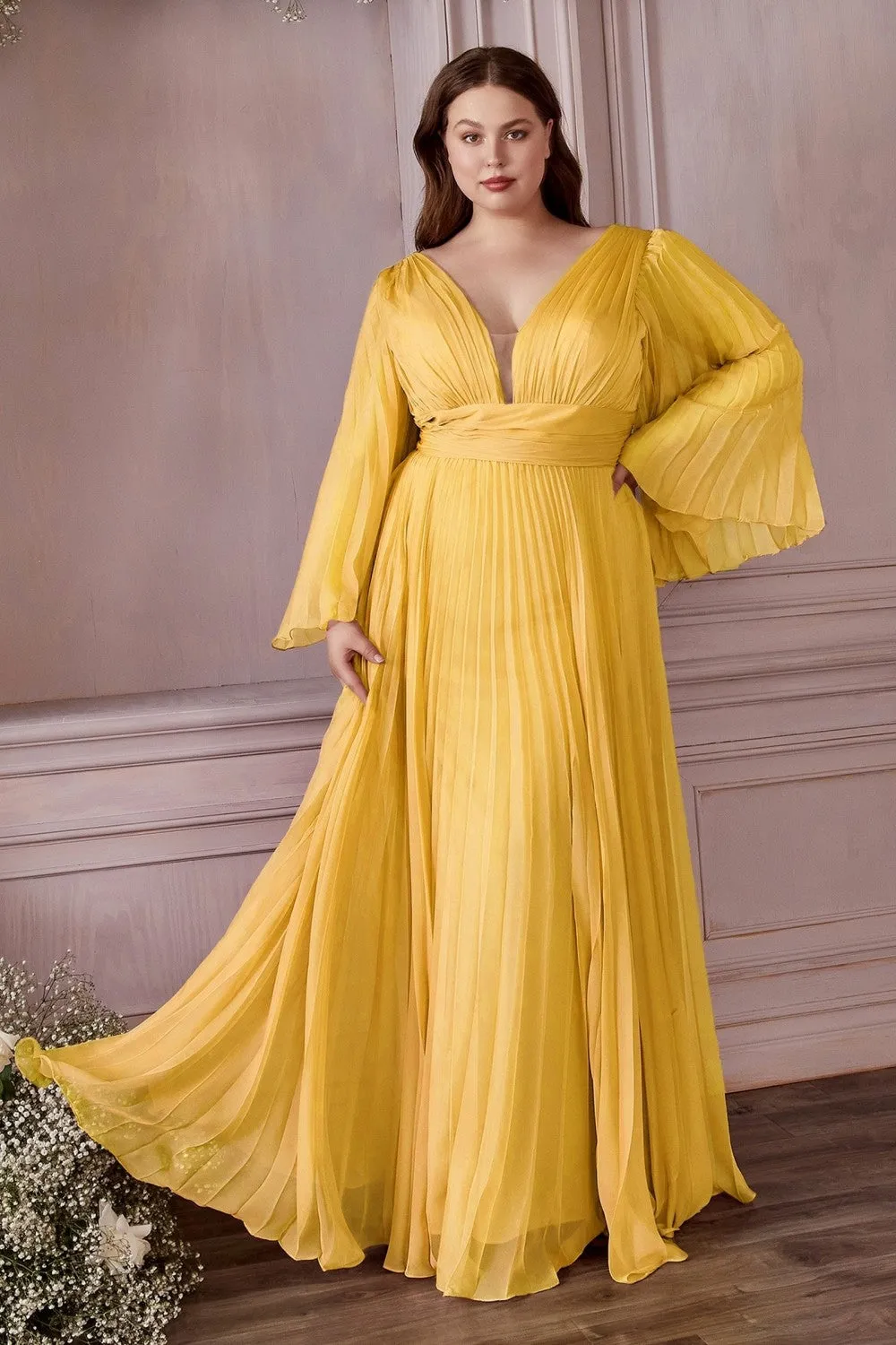 Plus Size Chiffon Prom Dress w/ Long Sleeve, V-neck, A-line & Pleats