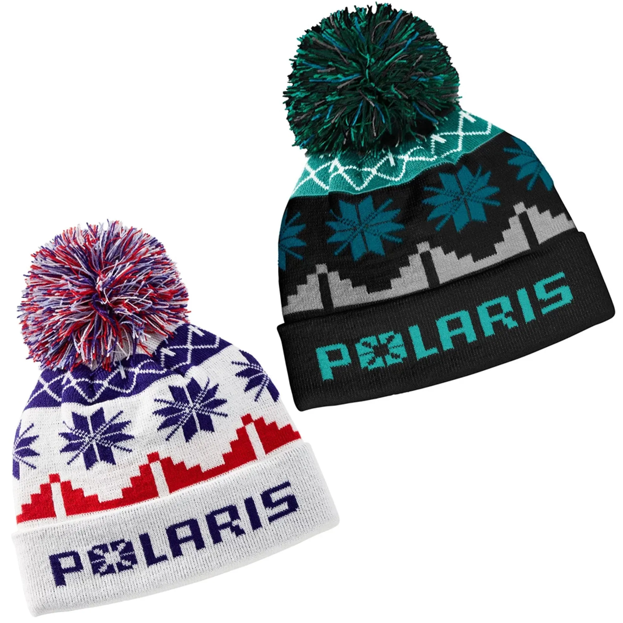 Polaris  Fair Isle Pom Beanie Cuffed Embroidered Patch Warm Winter Hat Comfort - Teal -