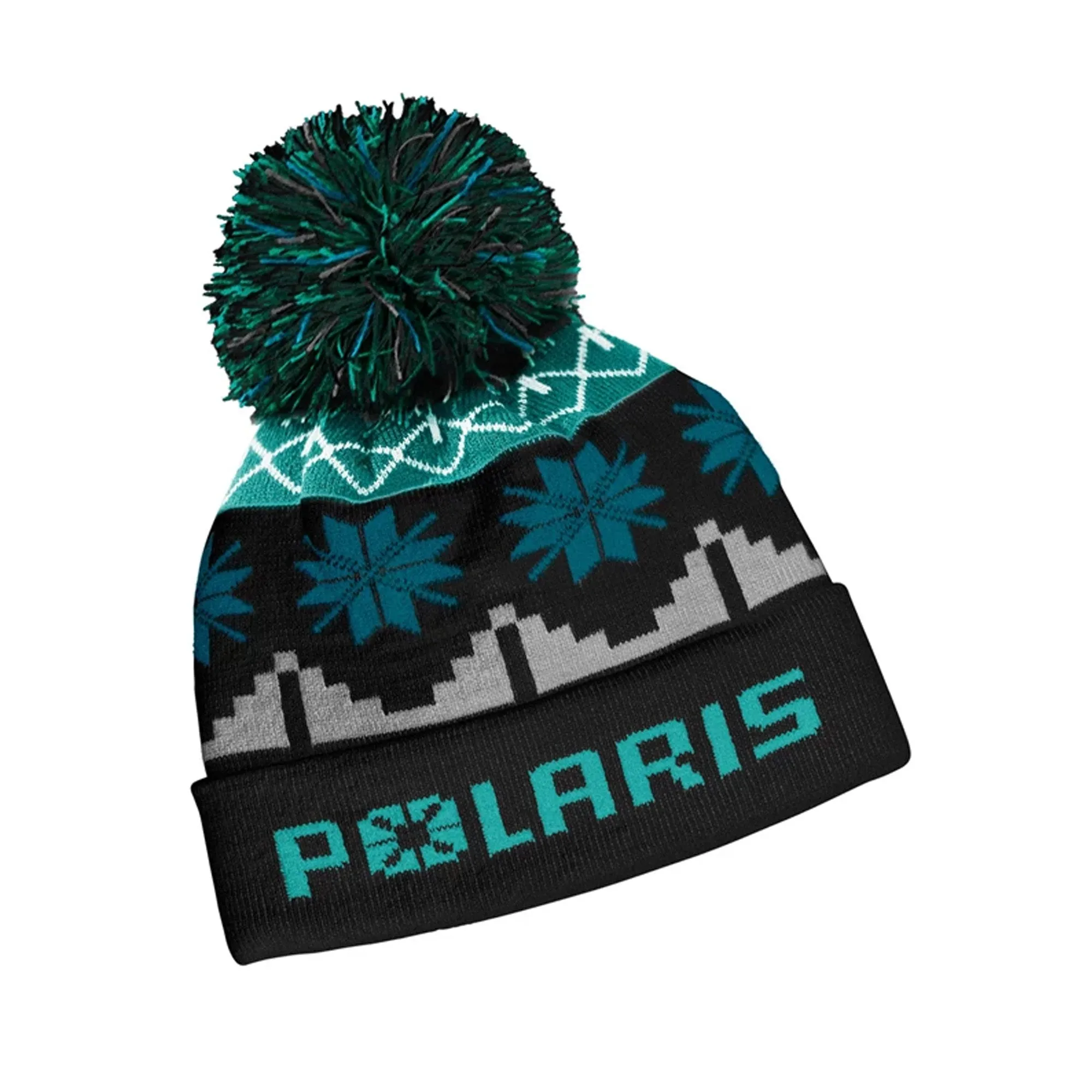 Polaris  Fair Isle Pom Beanie Cuffed Embroidered Patch Warm Winter Hat Comfort - Teal -