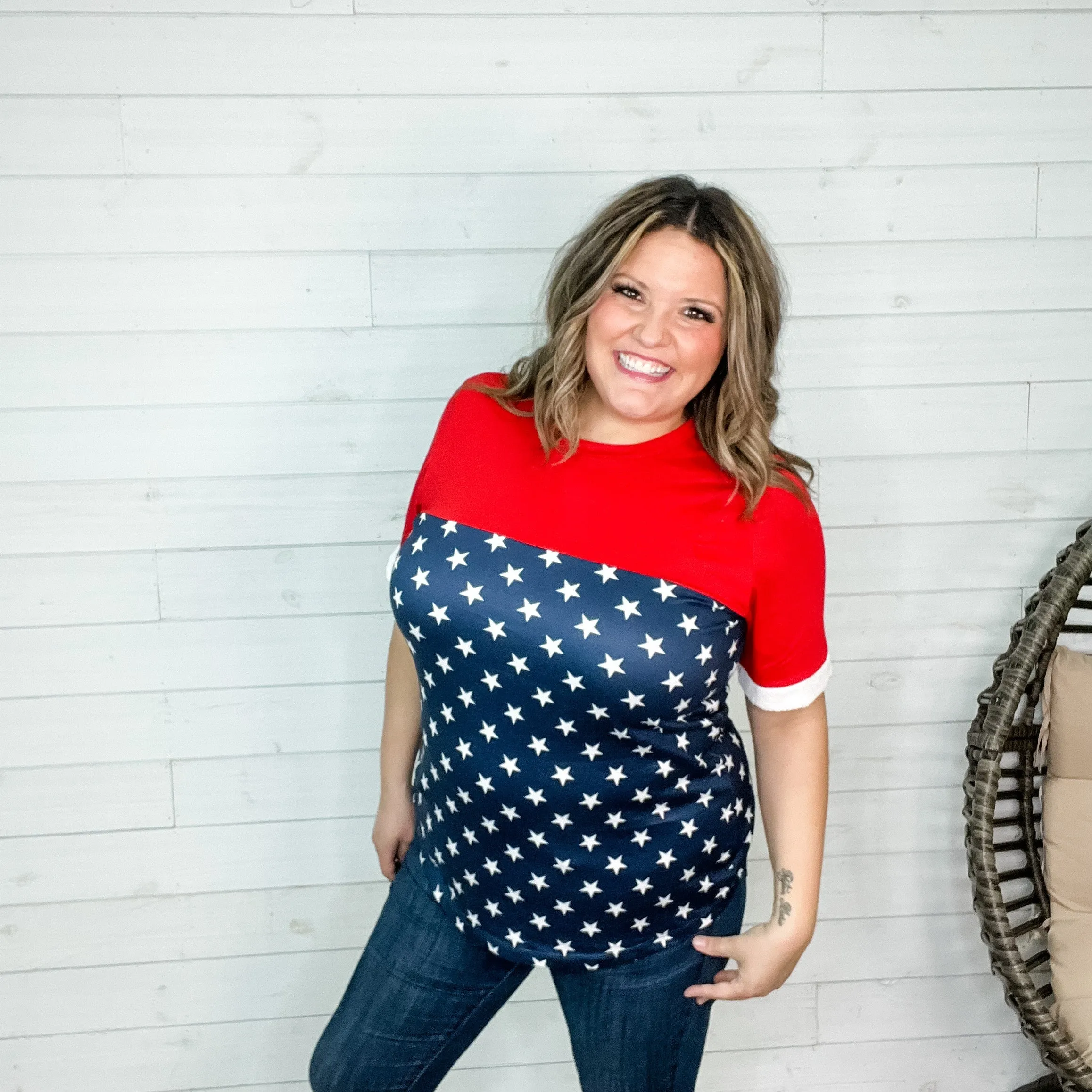 "Valor" Americana Boyfriend Tee with Sequined Cuff