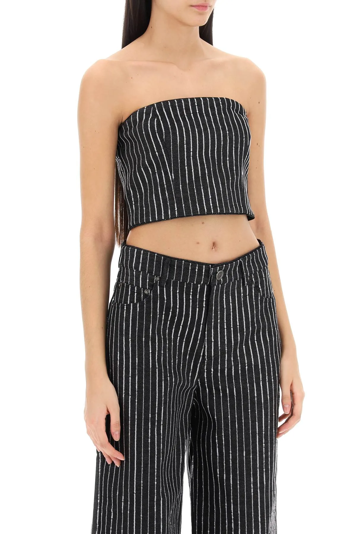 Rotate cropped top with sequined stripes 111792100 BLACK