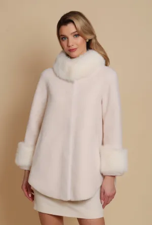 'Scarlett' Wool and Faux Fur Cape Coat in Bianco