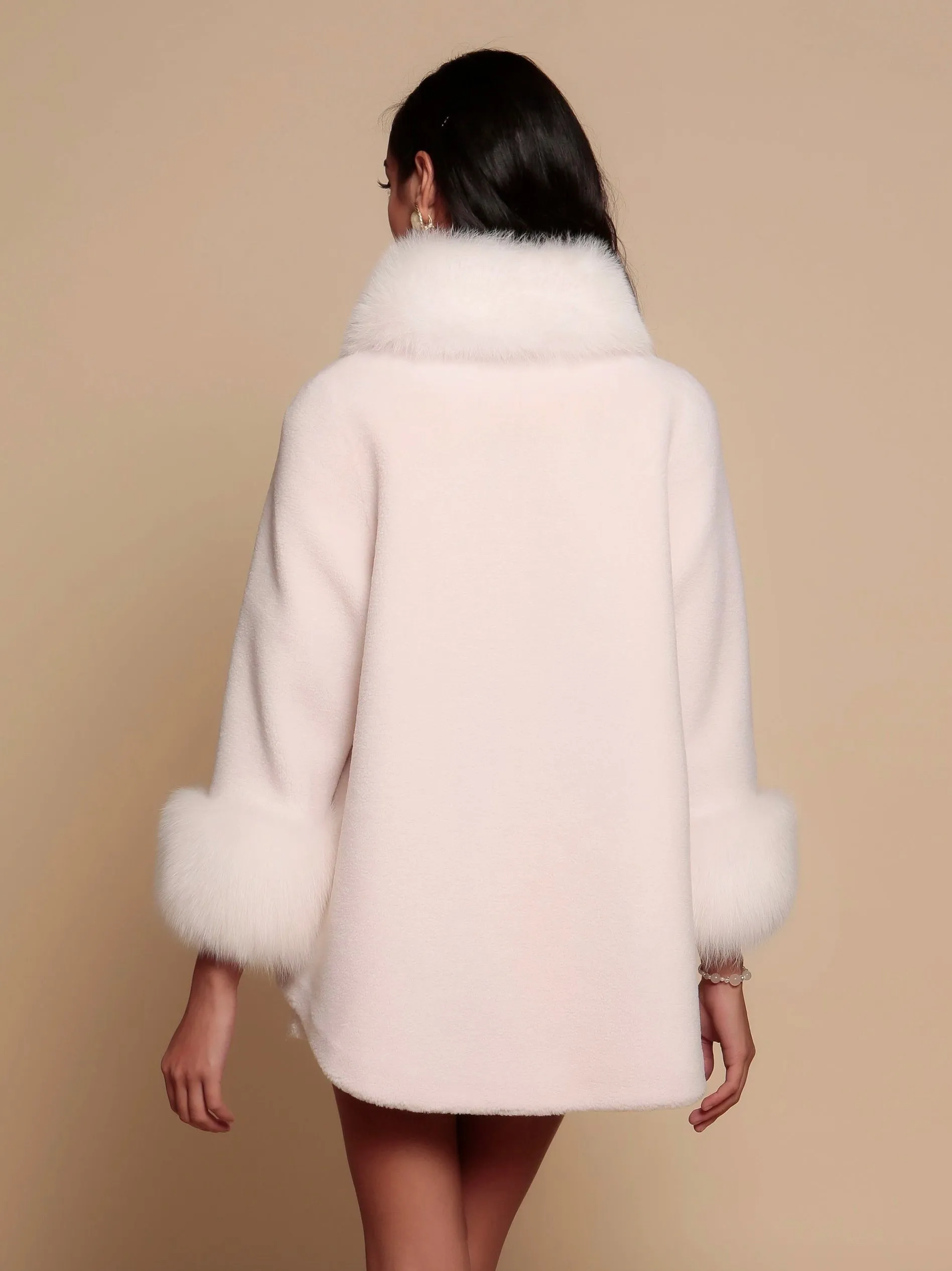 'Scarlett' Wool and Faux Fur Cape Coat in Bianco