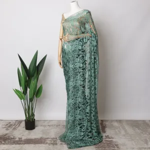 Sea green, Black Two-Tone French Chantilly Lace Fabric with Stone Work – 5.5 Meters, Floral Embroidered Tulle, 110 cm Width-D21061