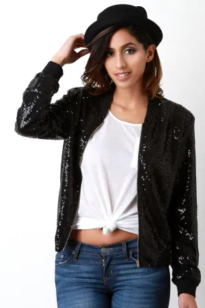 Sequin Rib Knit Trim Zip-Up Bomber Jacket