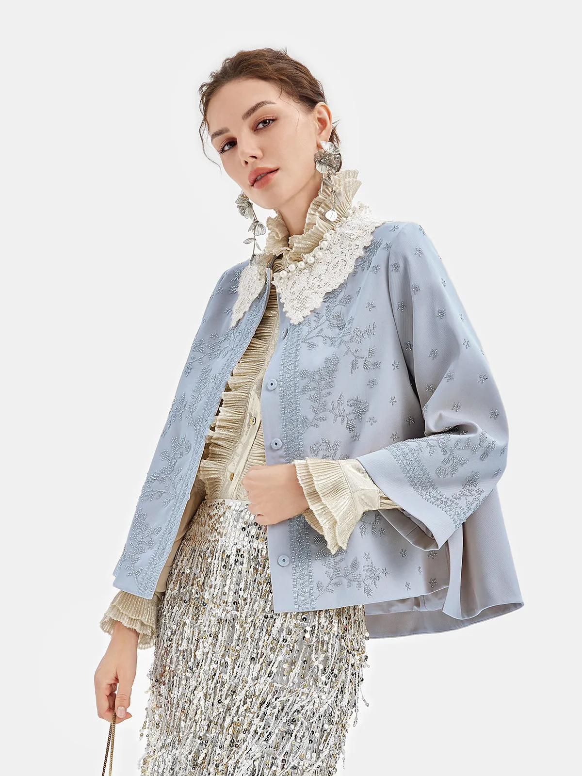 Silk Beaded Lace Collar Cardigan