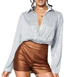 Silvery Sequined Long Sleeve Crop V Neck Blouse