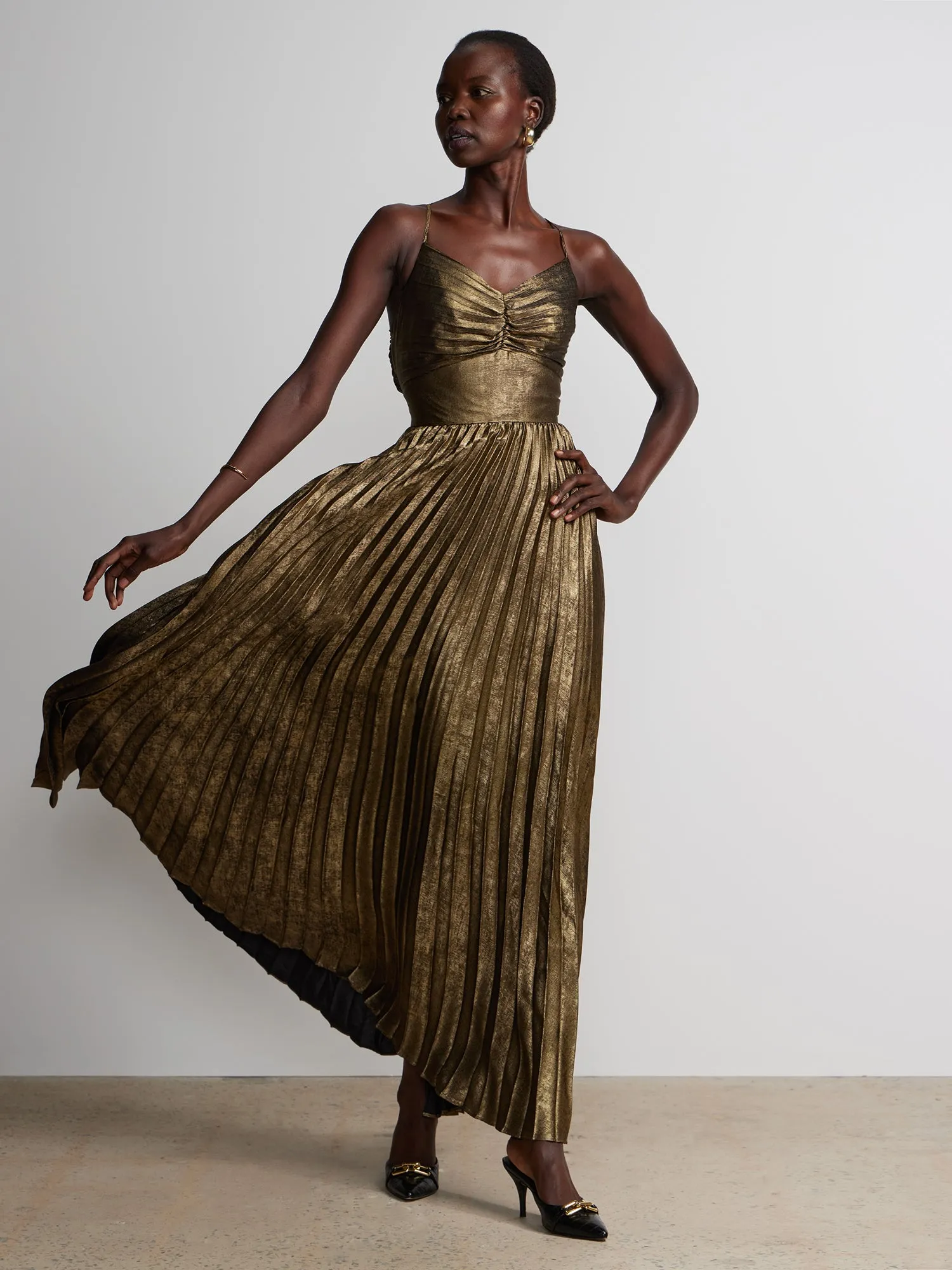 Sleeveless Metallic Pleated Dress