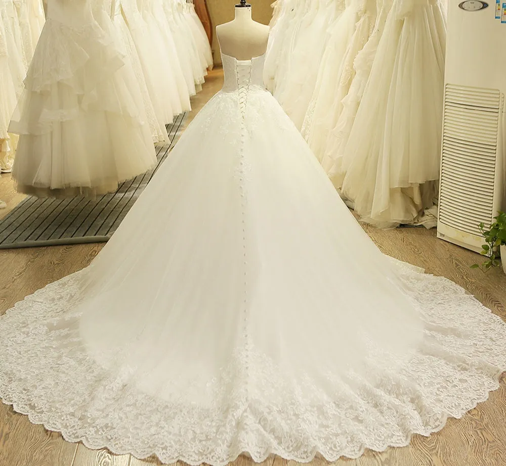 Vintage Inspired Strapless Lace Applique Wedding Gown