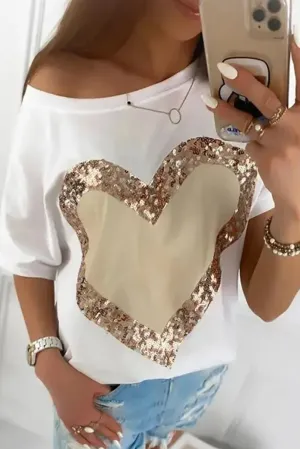 White Valentine's Day Sequined Heart Crew Neck Short Sleeve Top