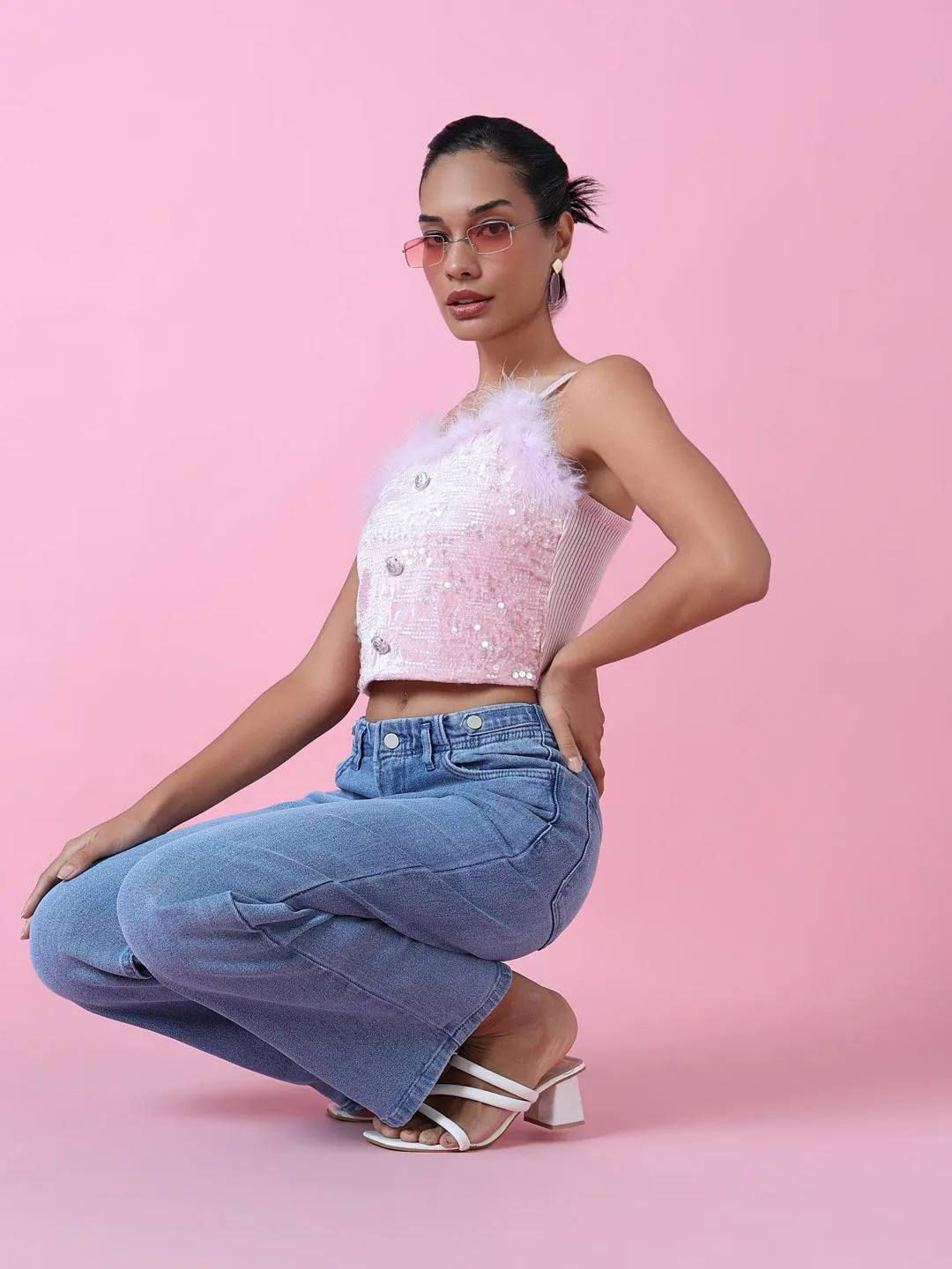 Women Pink Solid Fitted Crop Top