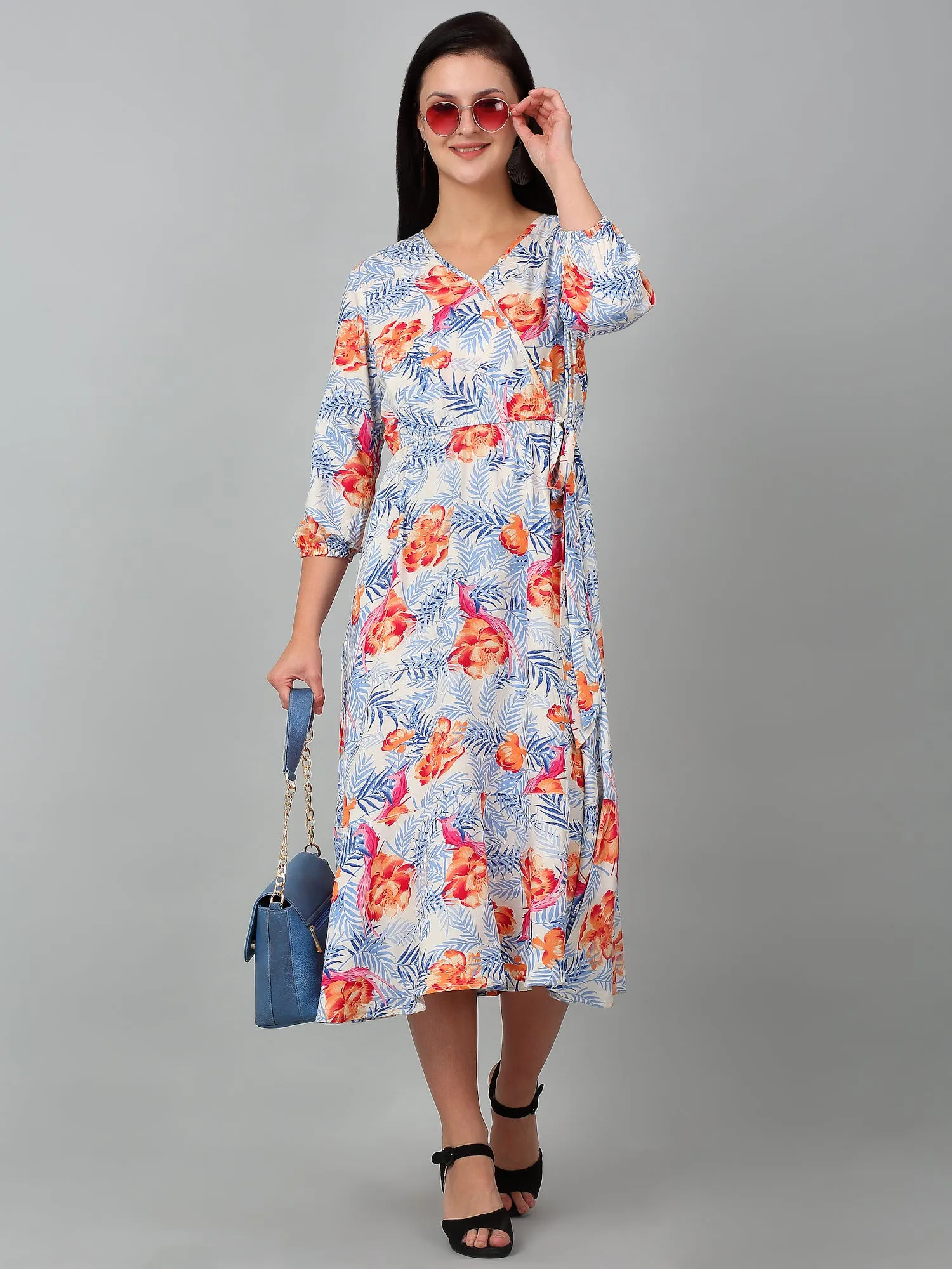 Women Sky Blue V-Neck Printed Dress