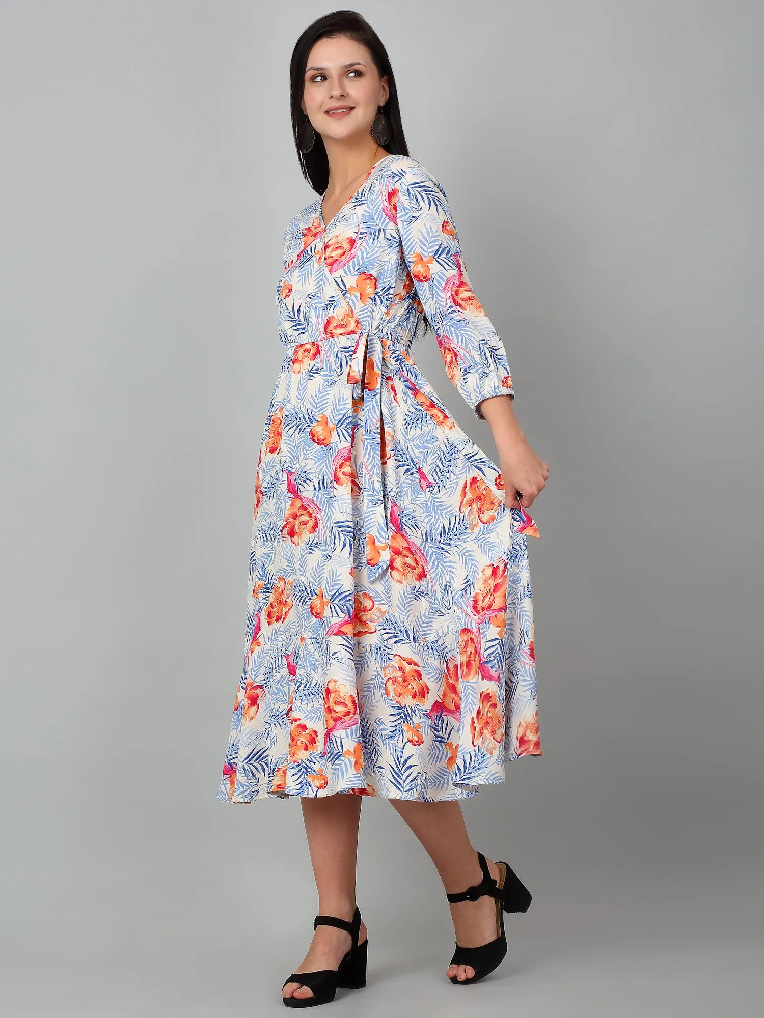 Women Sky Blue V-Neck Printed Dress