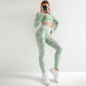 Women’s Camouflage Activewear Yoga Suit - 2 Pc Backless Long Sleeve Top & Seamless Leggings Set - Workout Clothes for Women