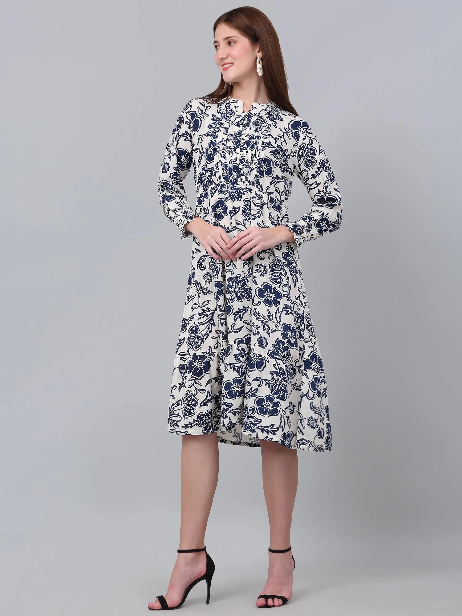 Women's Casual Mandarin collar Blue Floral Print Fit & Flared Dress