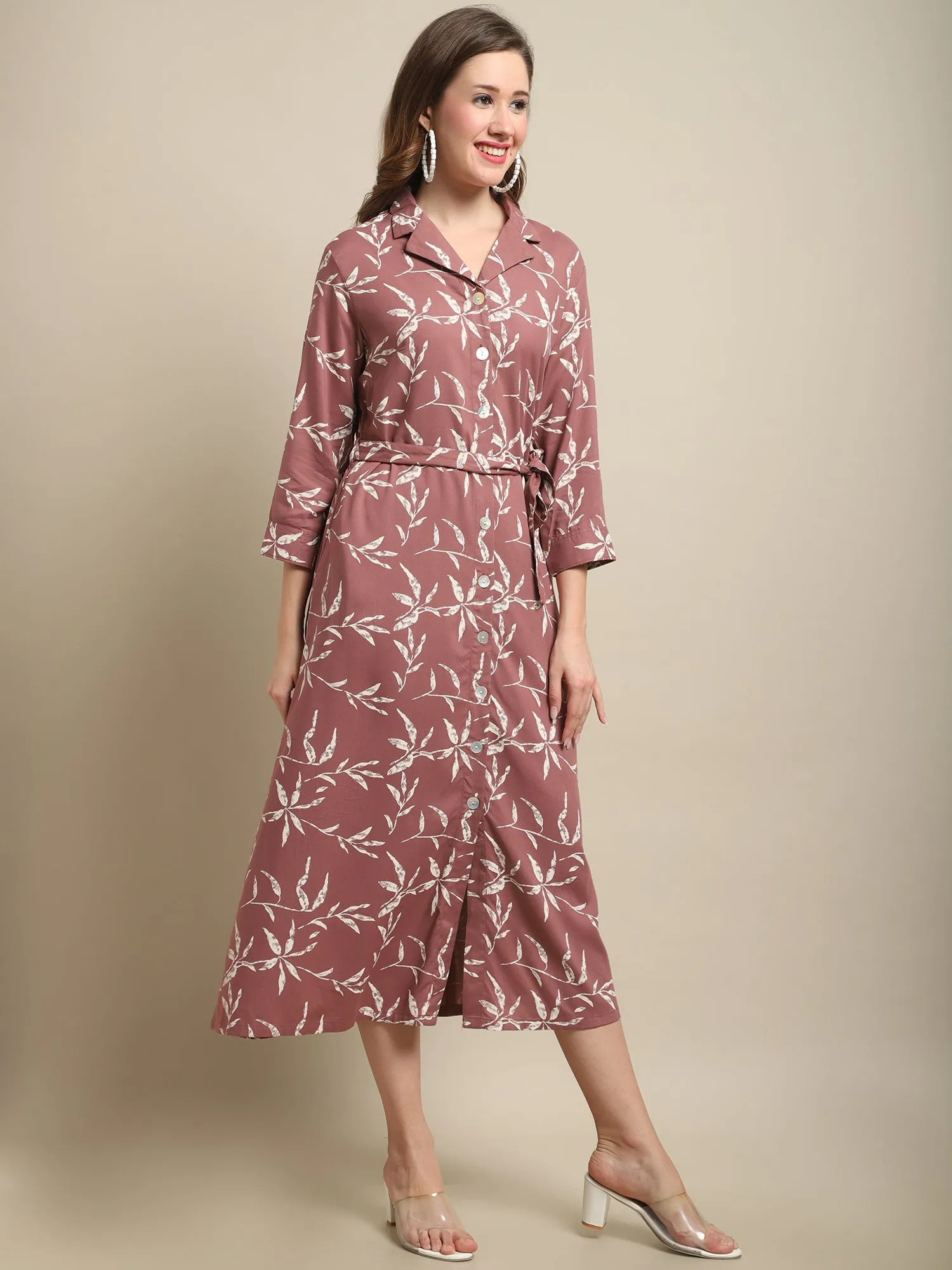 Women's Casual Shirt collar Pink mix Floral Print Shirt Dress