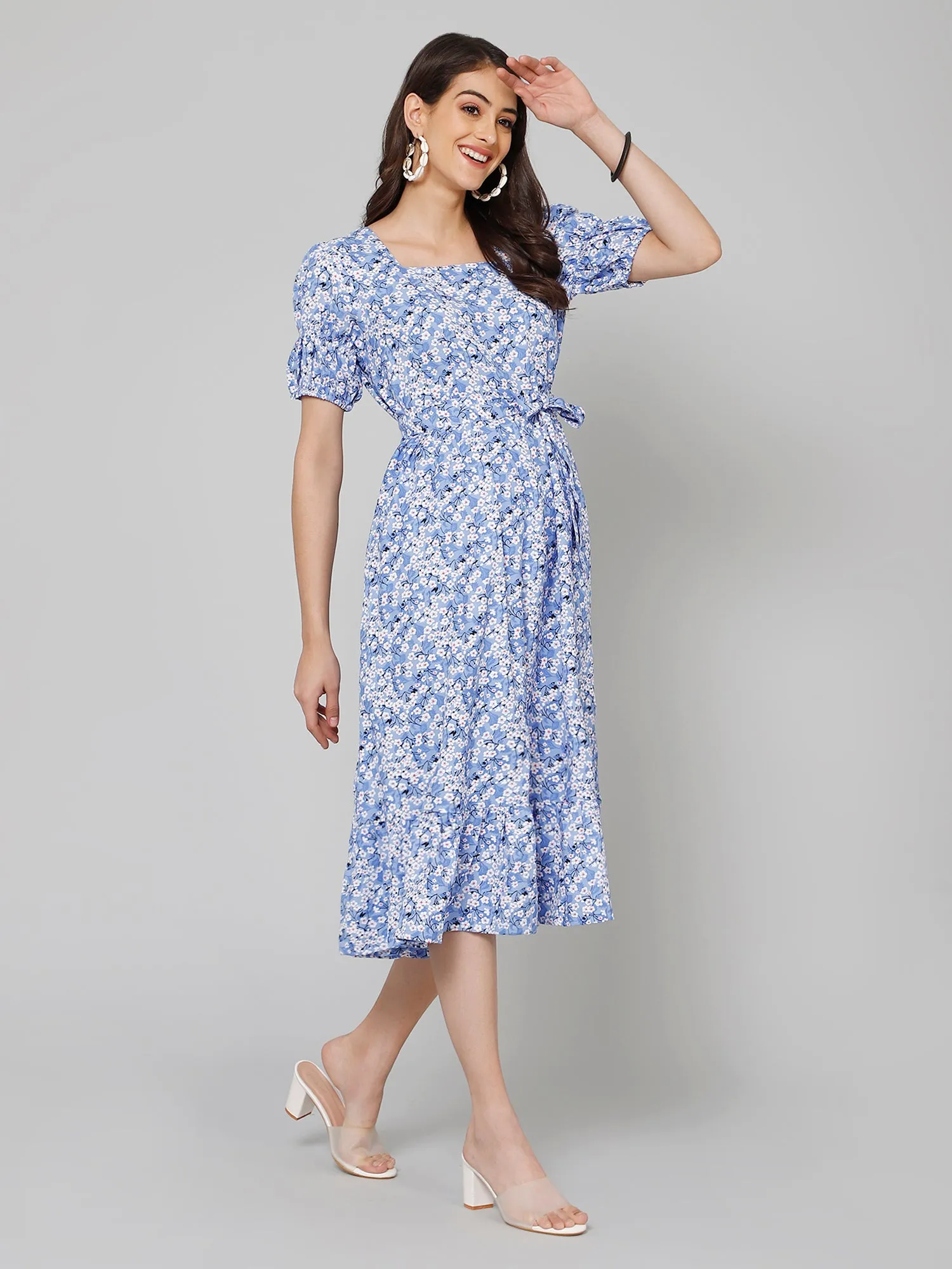 Women's Casual Square neck Blue Ditsy Floral Print Fit & Flared Dress