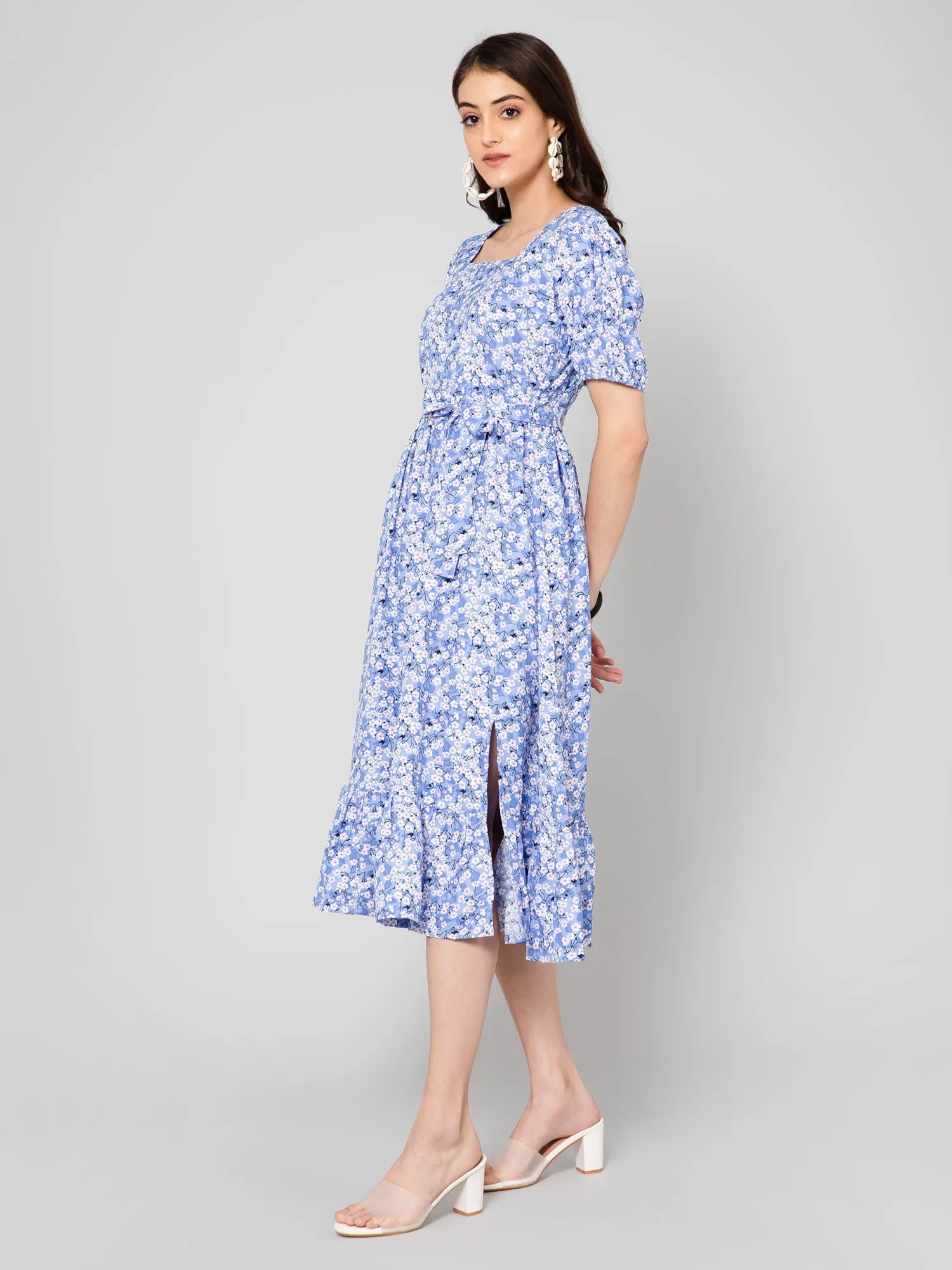 Women's Casual Square neck Blue Ditsy Floral Print Fit & Flared Dress