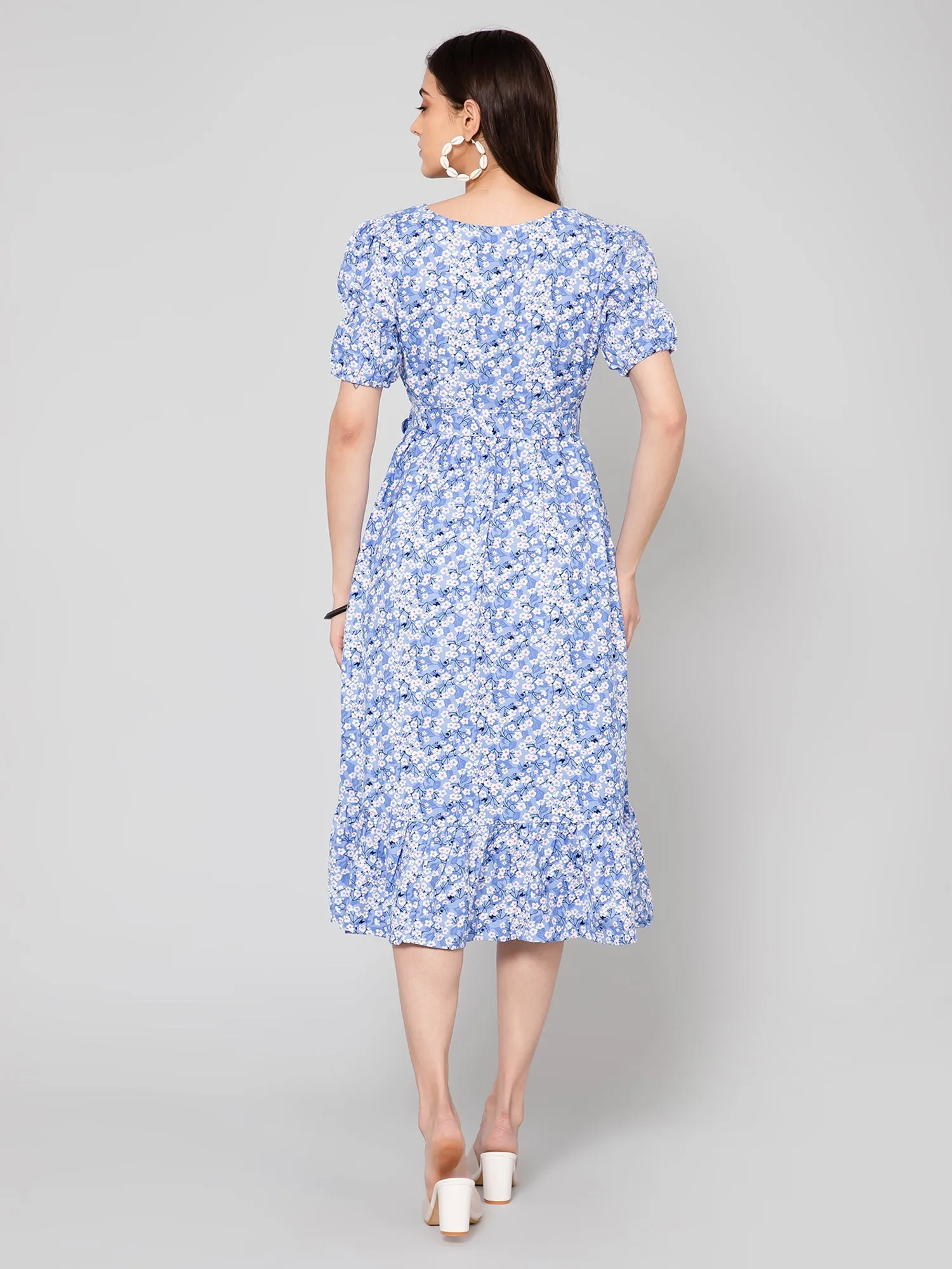 Women's Casual Square neck Blue Ditsy Floral Print Fit & Flared Dress