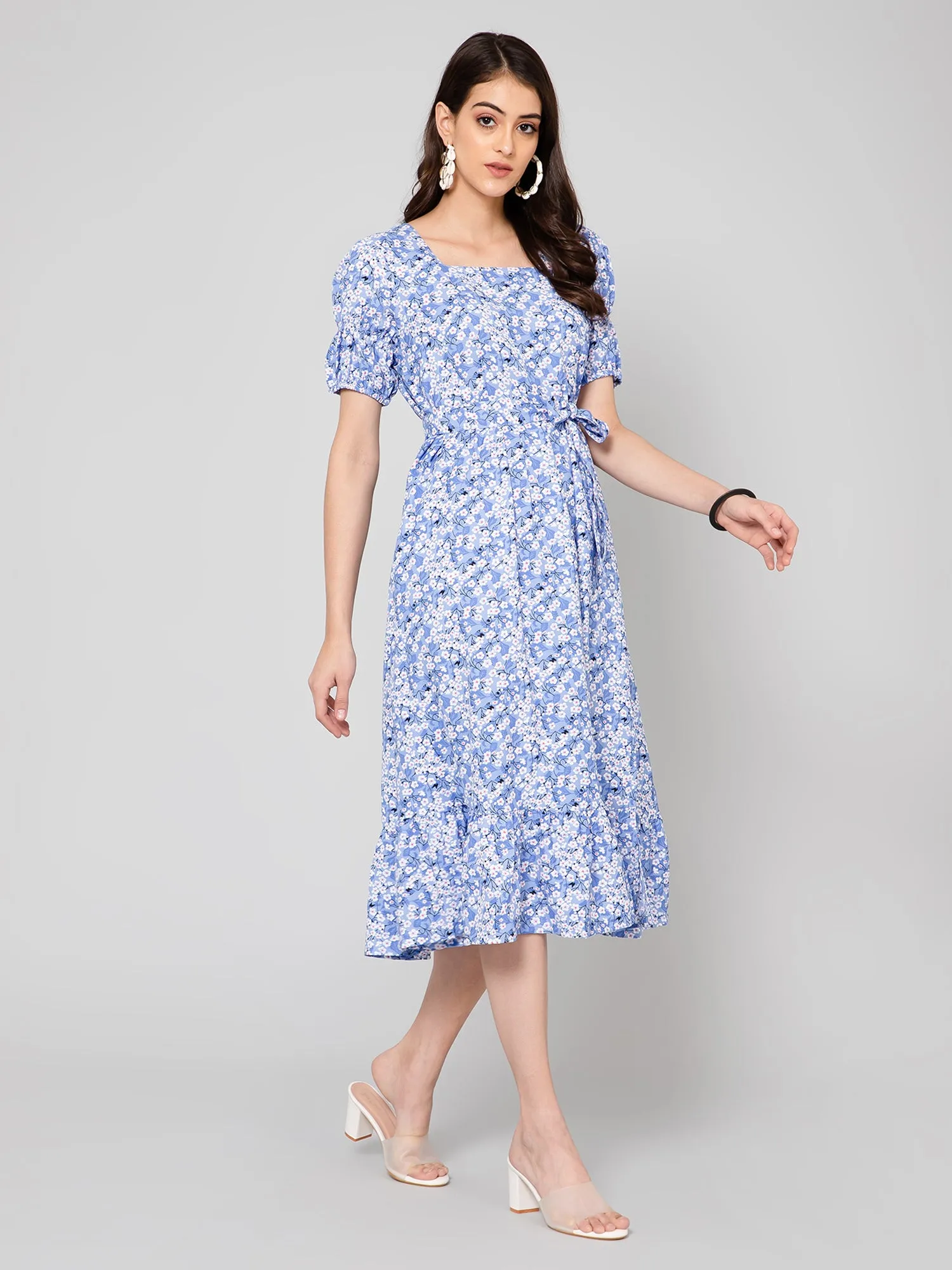 Women's Casual Square neck Blue Ditsy Floral Print Fit & Flared Dress