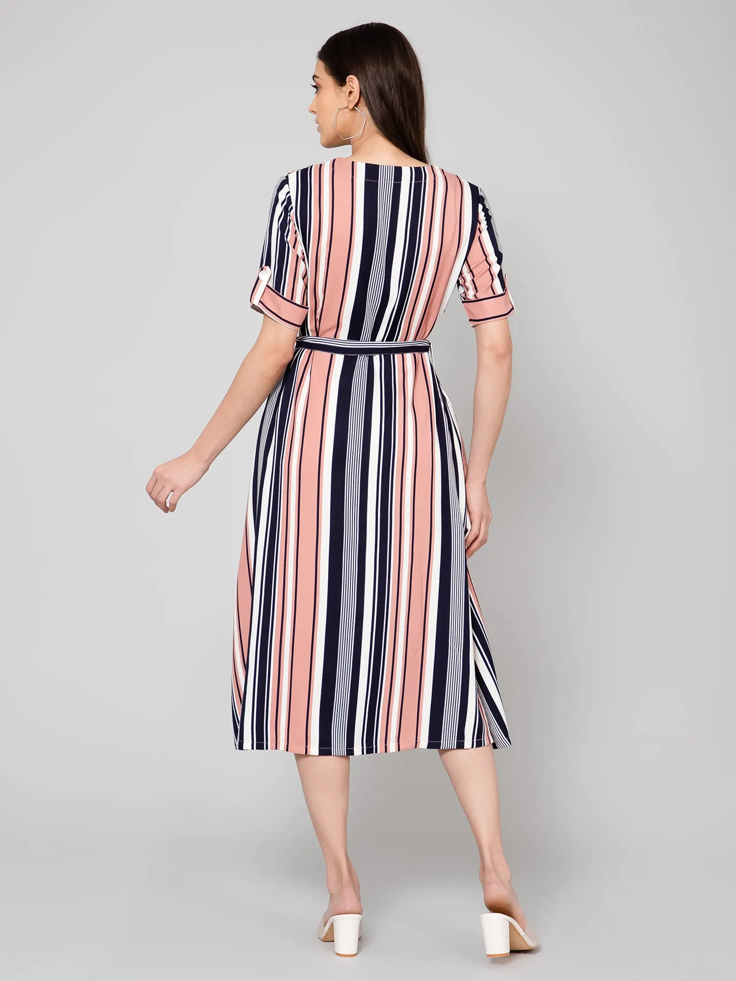 Women's Casual V neck Peach Verticle Stripe Print A line Dress