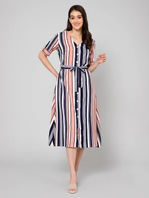 Women's Casual V neck Peach Verticle Stripe Print A line Dress