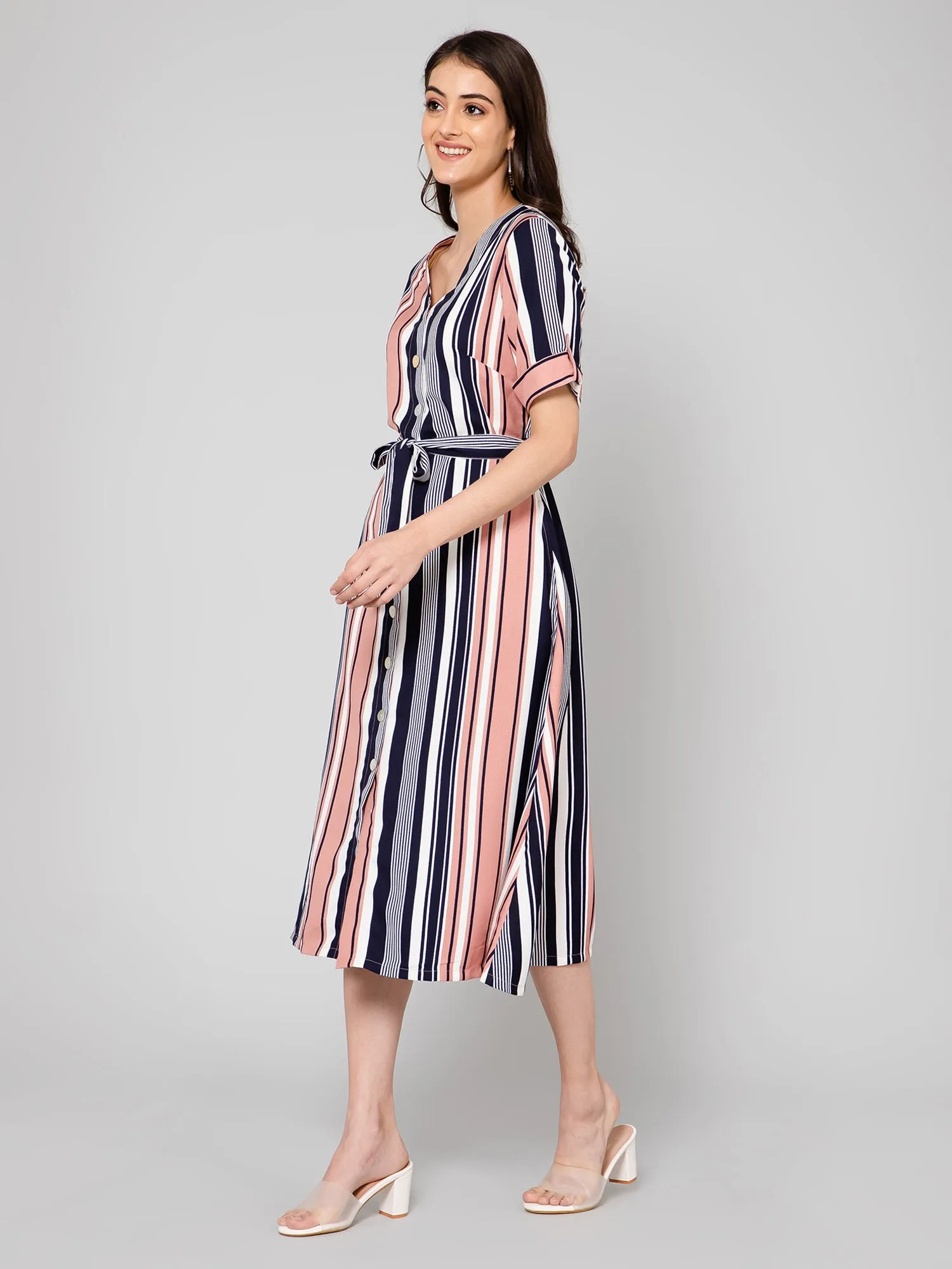 Women's Casual V neck Peach Verticle Stripe Print A line Dress