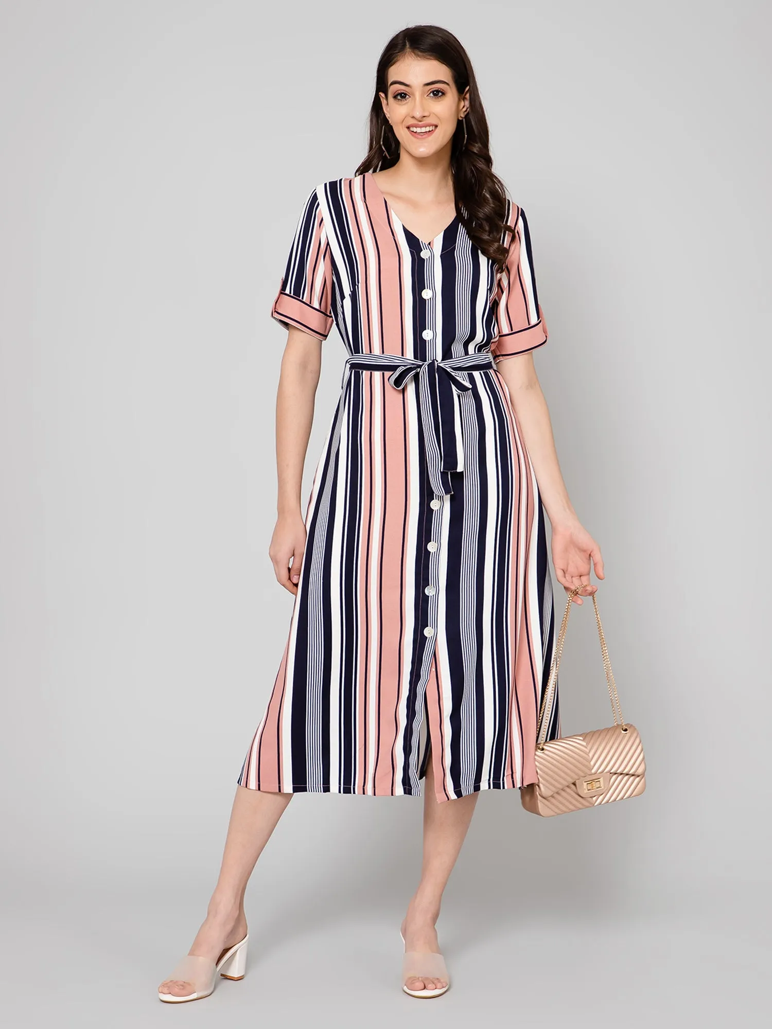 Women's Casual V neck Peach Verticle Stripe Print A line Dress