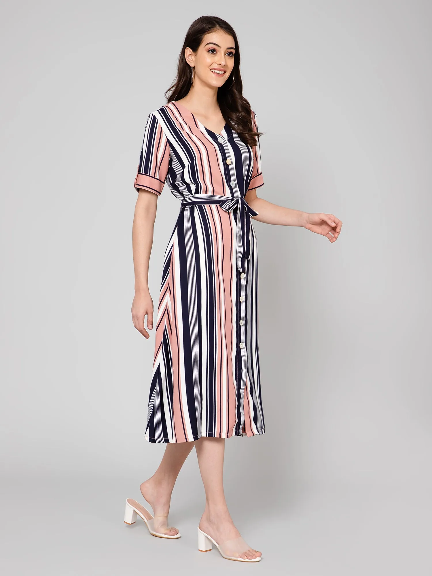 Women's Casual V neck Peach Verticle Stripe Print A line Dress