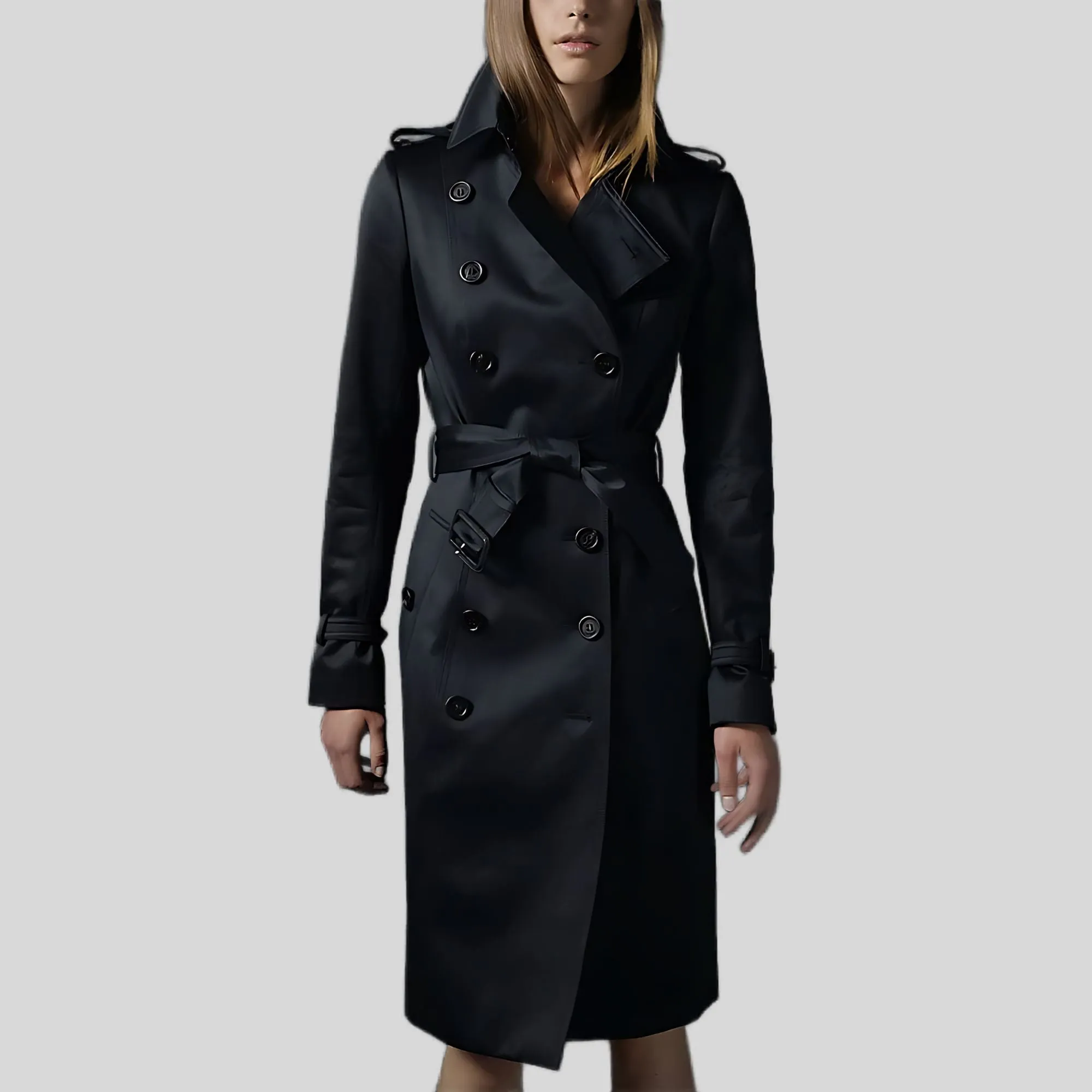 Women's Double-Breasted Black Long Belted Pure Cotton Coat