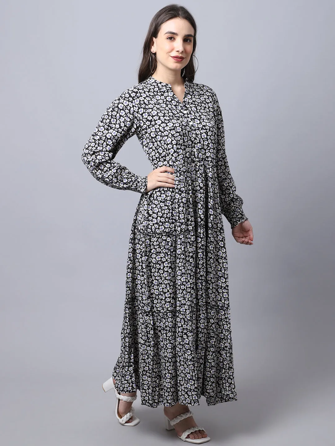 Women's  Mandarin collar Black Floral Print Maxi Dress