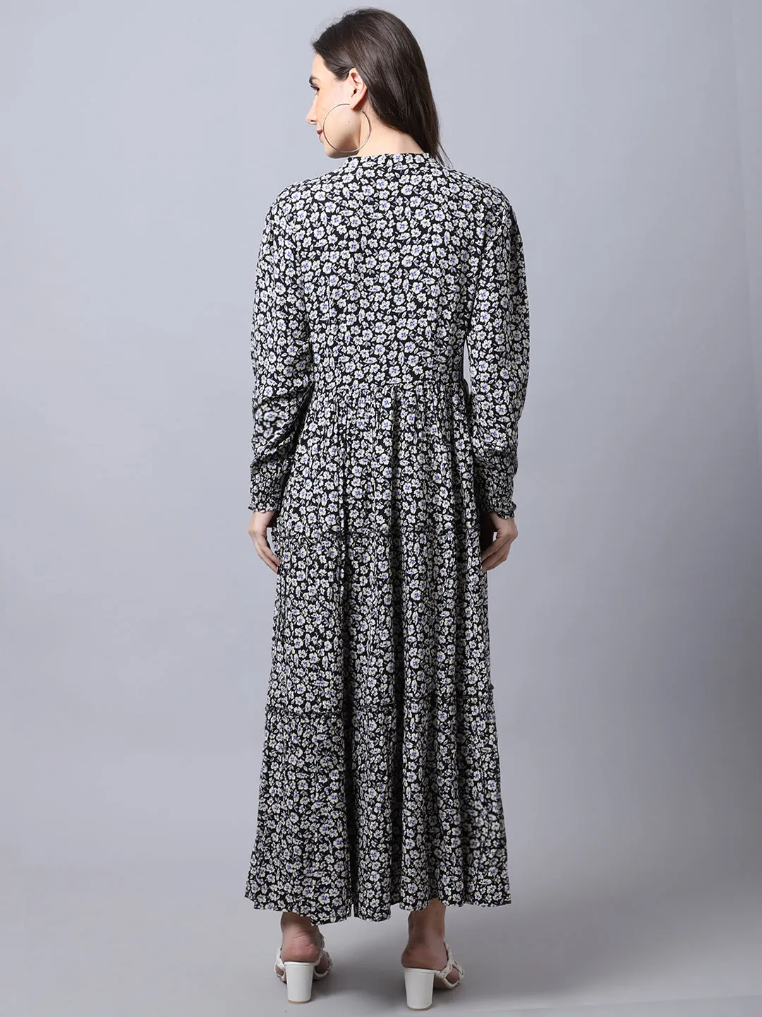 Women's  Mandarin collar Black Floral Print Maxi Dress