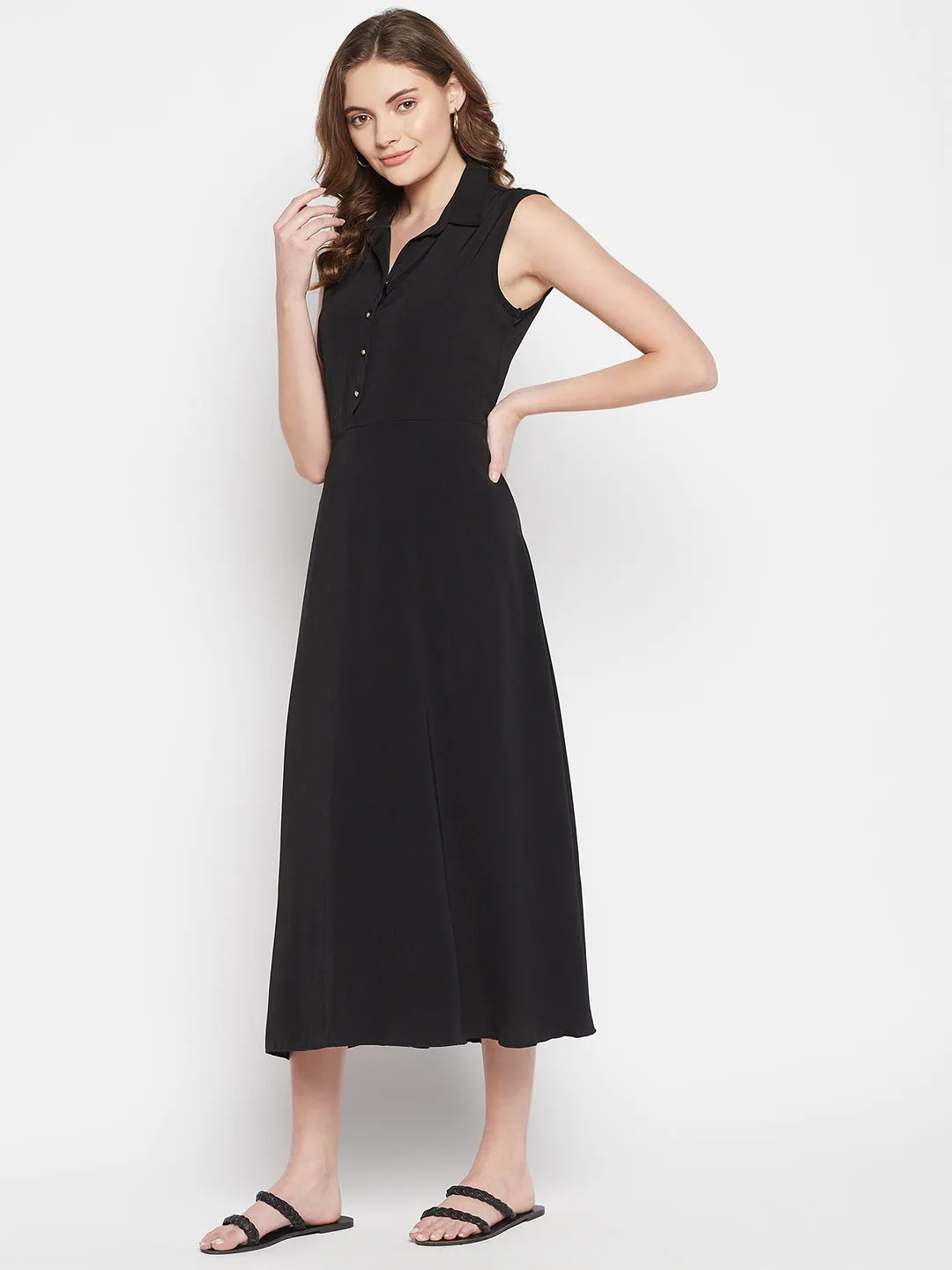 Women's  Spread Collar Black Solid A line Dress