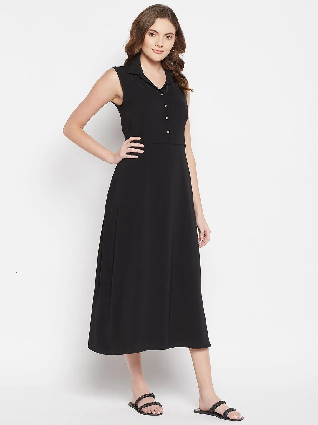 Women's  Spread Collar Black Solid A line Dress