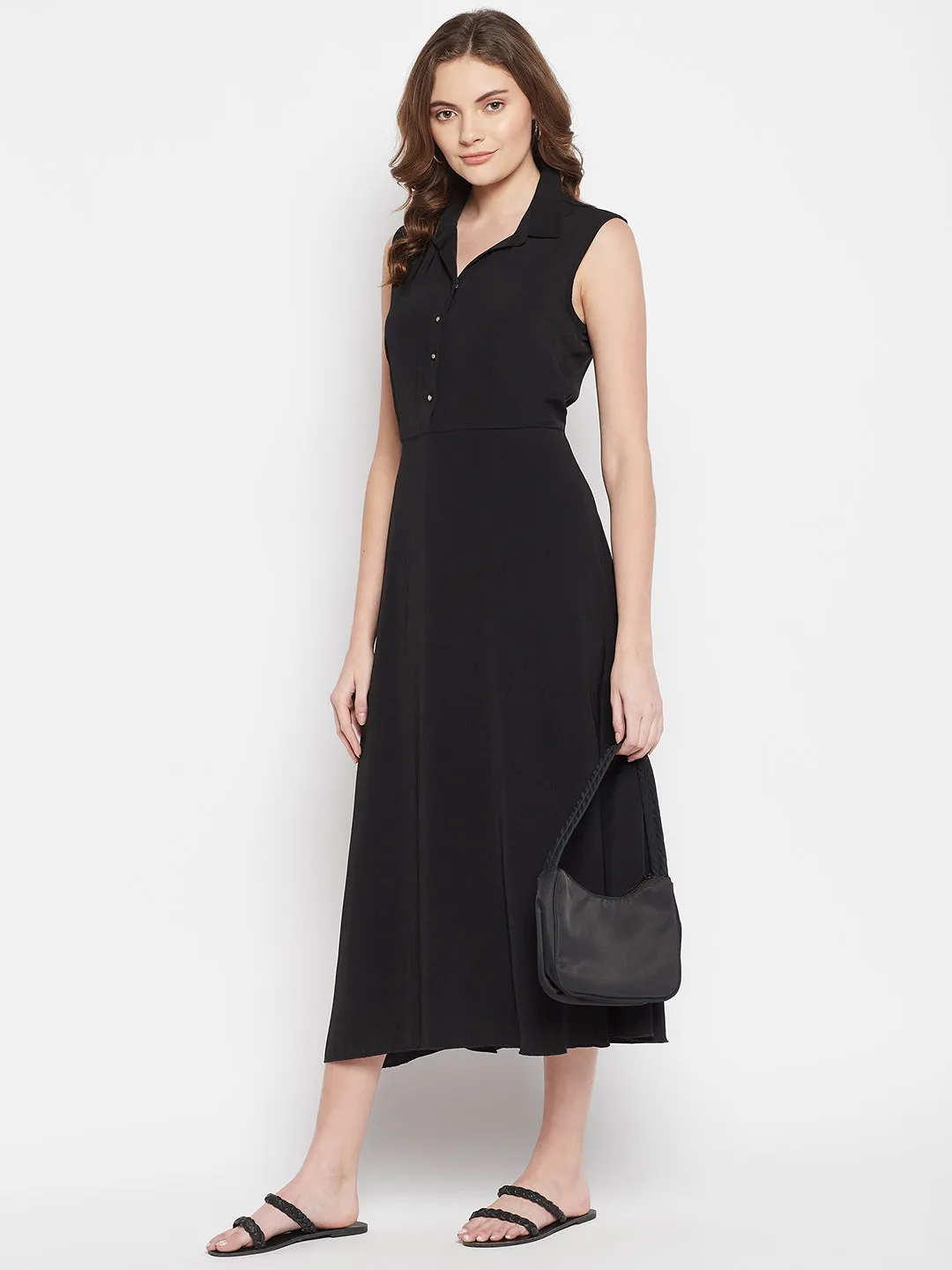 Women's  Spread Collar Black Solid A line Dress