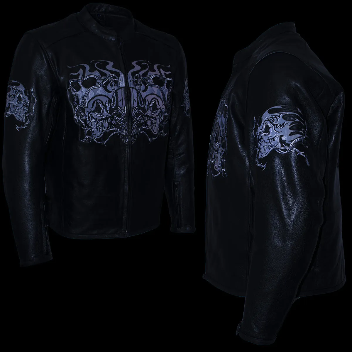 Xelement B95010 Men's 'Bones' Black Armored Cruiser Motorcycle Jacket with Reflective Skulls