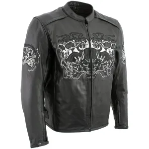 Xelement B95010 Men's 'Bones' Black Armored Cruiser Motorcycle Jacket with Reflective Skulls